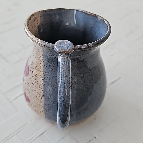 Signed Pottery Pitcher Speckled Design with Pink Heart Flowers 5" T x 6" W - Picture 3 of 7